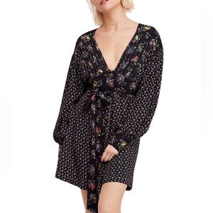 Free People Wonderland Printed Floral Black Long Sleeve Mini Dress
